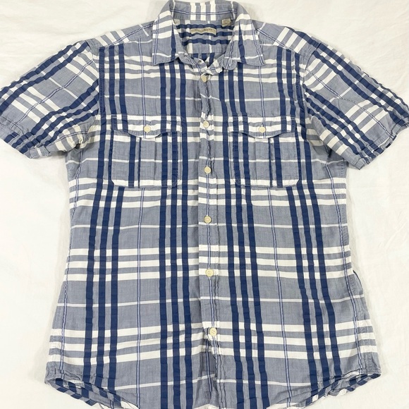 Burberry Brit Mens Blue Plaid Short Sleeve Button Up Seersucker Shirt Size S - Picture 2 of 10